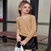 Arshiner Cute Girls' Shirts - Ruched Knot Side Kids' Casual Long Sleeve Crew Neck Teens Size 9-10 Khaki view 2