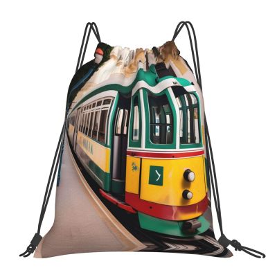NOUZU Lisbon Tram Pattern Print Sports Drawstring Backpack For Women Men, Lightweight Gym Bag For Gym Travel Swimming, White