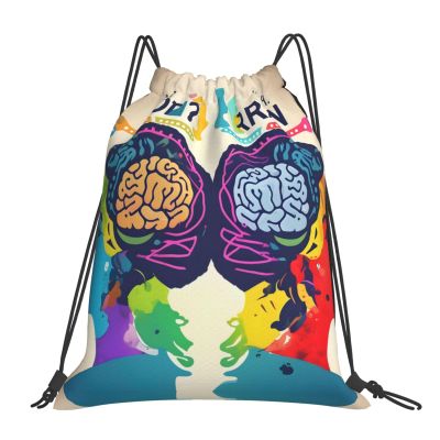 NOUZU Left And Right Brain Advantage Print Sports Drawstring Backpack For Women Men, Lightweight Gym Bag For Gym Travel Swimming, White