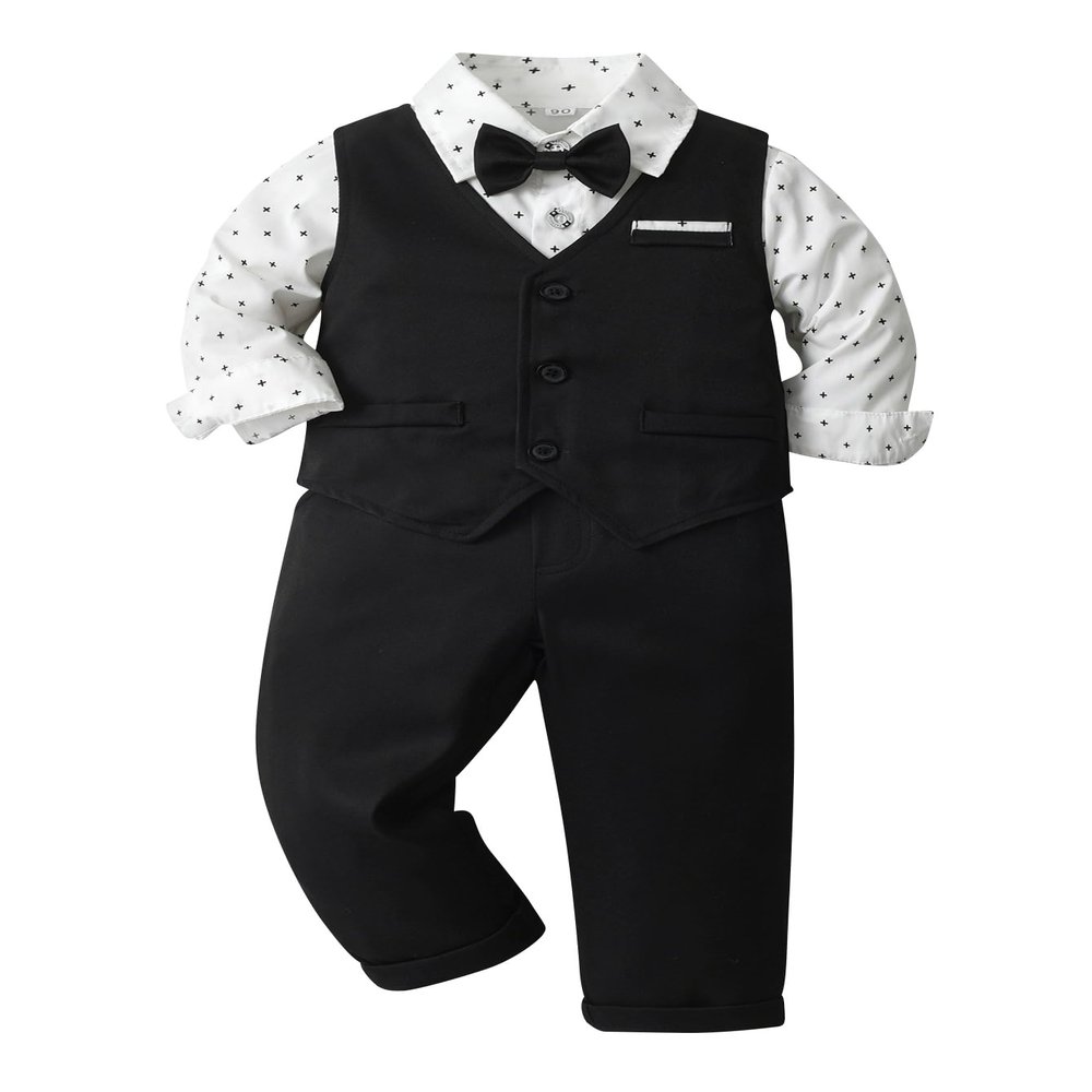 Boarnseorl Baby Boys Pants Sets,Infant Shirt+Pants+Bow Tie+Vest+Suspenders,Toddler Little Kids Gentleman Outfits,18-24M