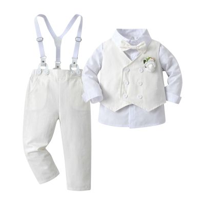 Boarnseorl Baby Boys Pants Sets,Infant Shirt+Pants+Bow Tie+Vest+Suspenders+Boutonniere,Toddler Little Kids Wedding Outfits,4-5Y