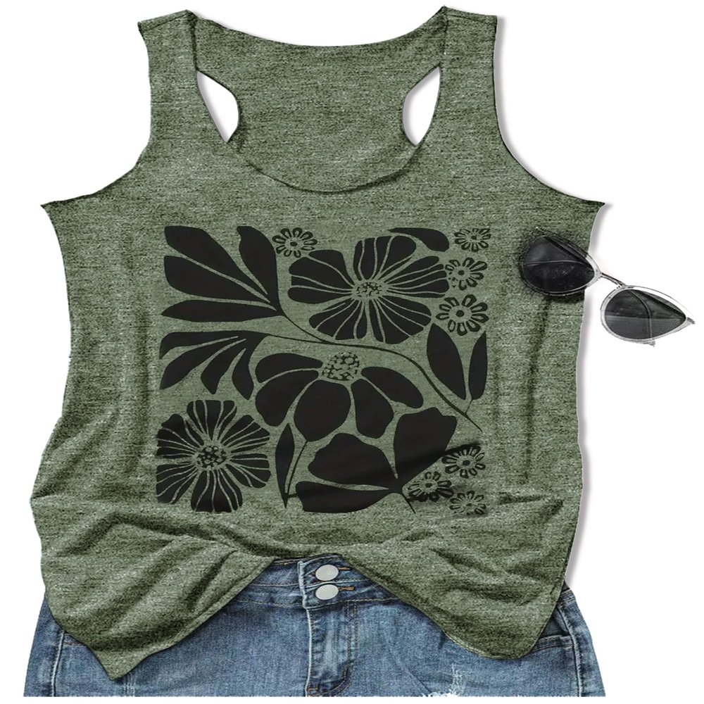 Boho Tank Tops for Women Retro Floral Graphic Tops Ladies Summer Basic Vacation Tank Tops 2025 Trendy Sleeveless T Shirt(2X-Large,Floral Green 4)