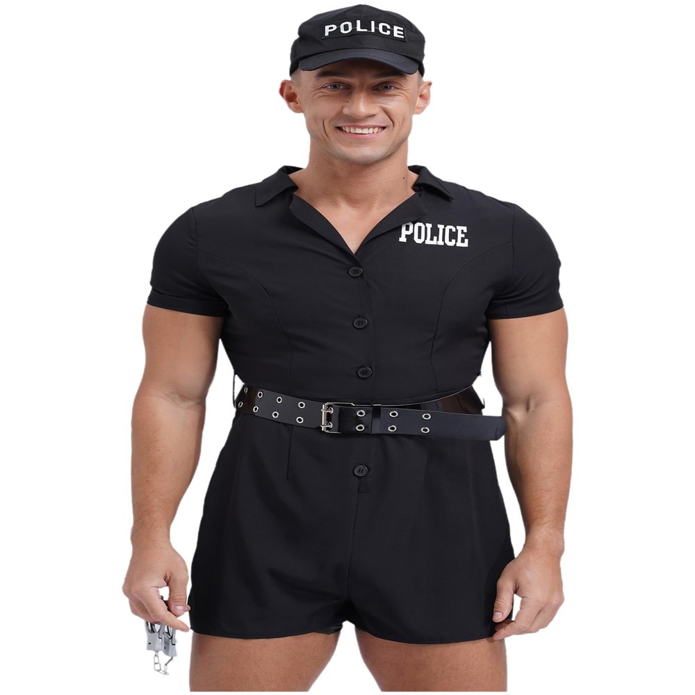 YiZYiF Men's Policeman Costume Outfits Dirty Cop Cosplay Uniforms Rompers Shorts Jumpsuit Bodysuit Black X-Large