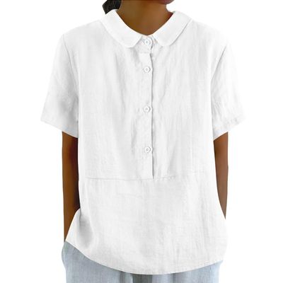 BIVENANT Womens Linen Tops Linen White Shirt for Women Plus Size Linen Blouses for Women Short Sleeve T-Shirts Shirts Button Tees Shirt Gauze Shirts for Women Cute Vintage Tees for Women,L, Large