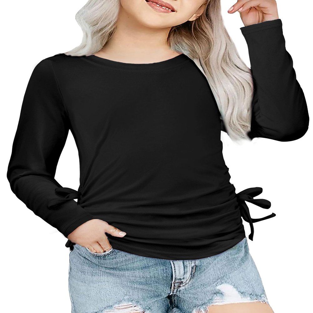 Arshiner Toddler Girls Long Sleeve Shirt - Ruched Knot Side 5T Crew Neck Tunic Tops for Girls Black
