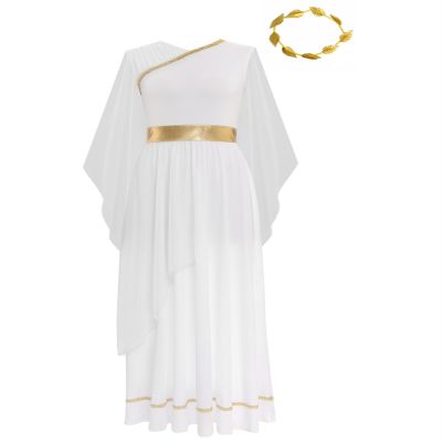 Sinleey Women Chiffon Ancient Toga Costume Grecian Toga Dress Roman Dress with Gold Leaves Garland Headwear White Large