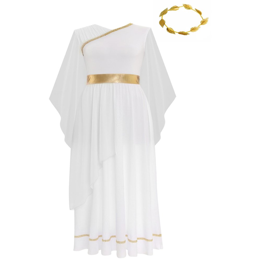 Sinleey Women Chiffon Ancient Toga Costume Grecian Toga Dress Roman Dress with Gold Leaves Garland Headwear White Large