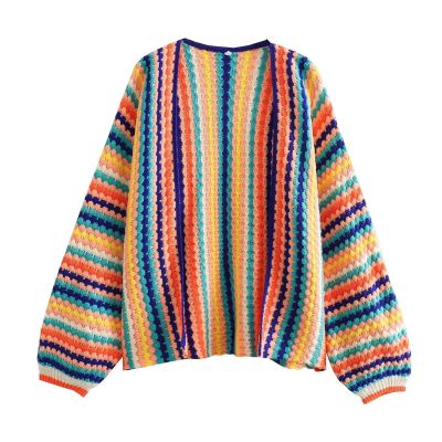 CORIRESHA Women's Rainbow Cardigan Open Front Long Sleeve Boho Crochet Colorful Striped Sweater