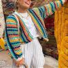 CORIRESHA Women's Rainbow Cardigan Open Front Long Sleeve Boho Crochet Colorful Striped Sweater view 3