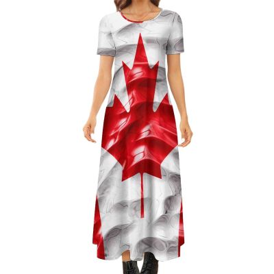 Canada Flag Women's Summer Casual Short Sleeve Maxi Dress Crew Neck Printed Long Dresses S