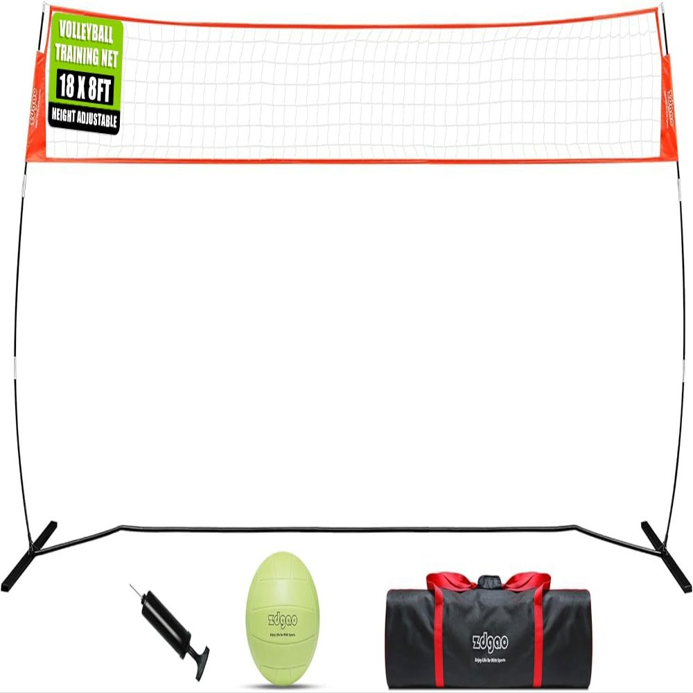 Portable Volleyball Net Outdoor, 18FT Freestanding Volleyball Practice Net with Adjustable Height, Glow in Dark Volleyball with Bump and Carry Bag for Backyard, Indoor, Home