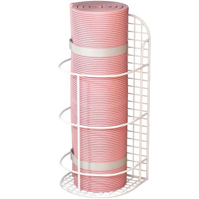 AMUFJJ Small Yoga Mat Storage Holder, Gym Mat Rack Wall Mounted Floor Standing for Foam Roller Badminton Racket Baseball Bat, No Installation Required Home Gym Organizer(White,20X15X54cm)