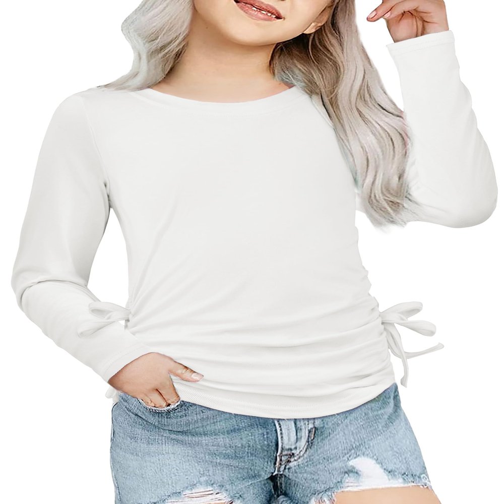 Arshiner Girls Tunic Tee Top Long Sleeve Blouse Ruched Knot Side Casual T-Shirt Crew Neck Size 10-12 White