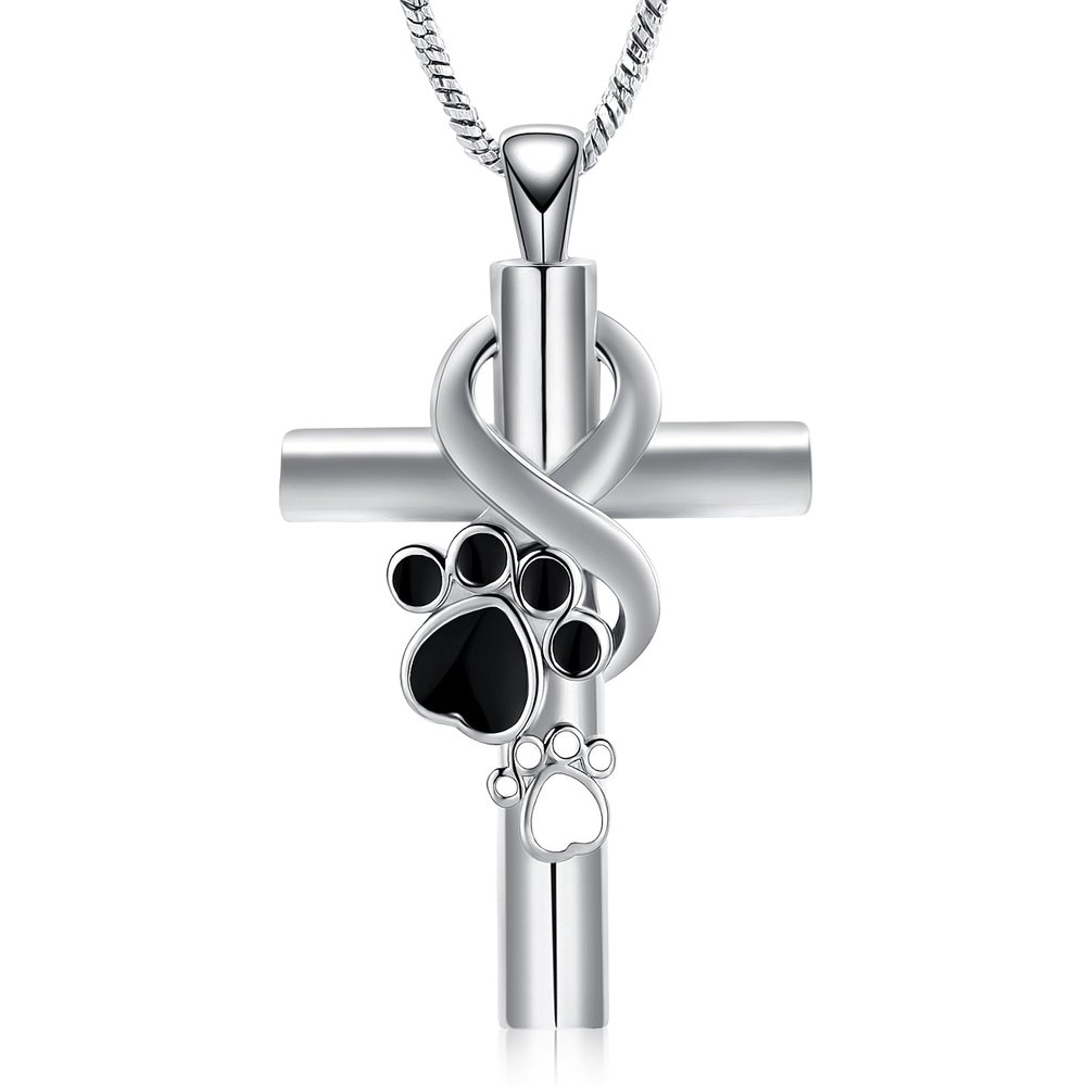 AIWENXI Cross Urn Necklaces for Ashes Dog Paws Print Cremation Jewelry for Men Women Stainless Steel Urns Necklaces Pendant Memorial Keepsakes Ashes Jewelry