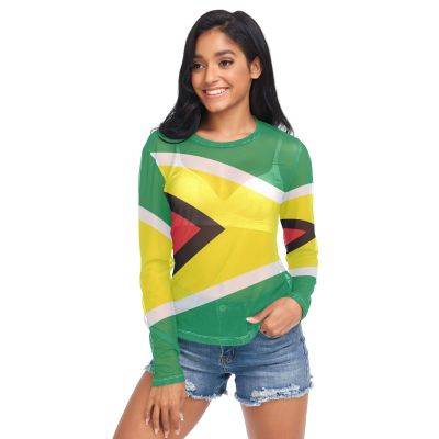 Aflyko Patriotic Women Fun Shirt Flag of Guyana Summer Outfit Sexy See Through Beach Cover Upp Fitted Blouse Crop Tops Long Sleeve Party Wear, M