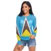 Aflyko Patriotic Women Fun Shirt Flag of Saint Lucia Summer Outfit Sexy See Through Beach Cover Upp Fitted Blouse Crop Tops Long Sleeve Party Wear, M view 1