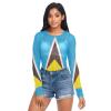 Aflyko Patriotic Women Fun Shirt Flag of Saint Lucia Summer Outfit Sexy See Through Beach Cover Upp Fitted Blouse Crop Tops Long Sleeve Party Wear, M view 2