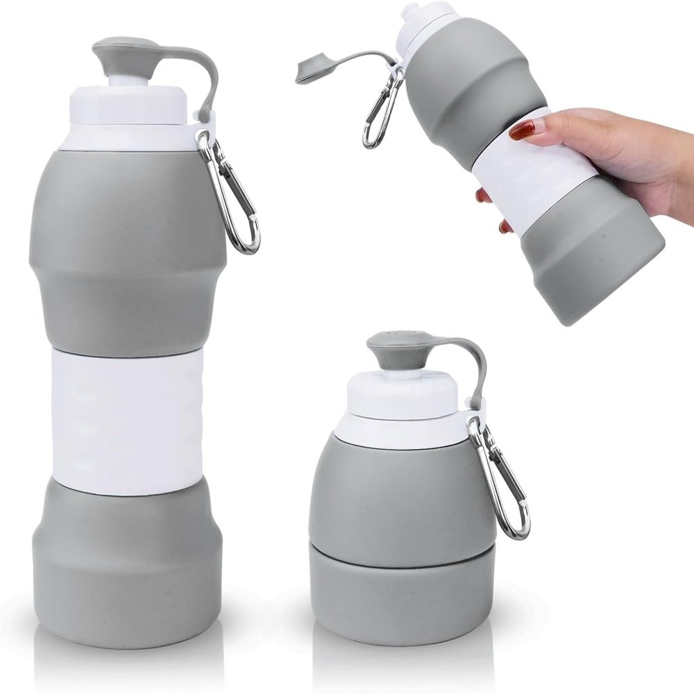 Collapsible Water Bottle, Upgrade Leak-Proof Reusable BPA Free Silicone Sports Bottles, Portable Refillable Water Bottles with Carabiner, Ideal for Travel Hiking Outdoor Camping GymGray