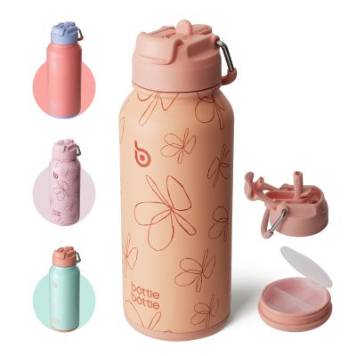 BOTTLE BOTTLE 32 oz Insulated Water Bottle Stainless Steel Sport Water Bottle with Straw Dual-use Lid Design for Gym with Pill Box (yellow flower)
