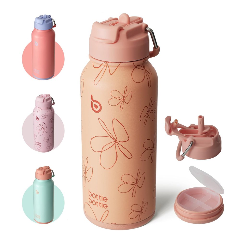 BOTTLE BOTTLE 32 oz Insulated Water Bottle Stainless Steel Sport Water Bottle with Straw Dual-use Lid Design for Gym with Pill Box (yellow flower)