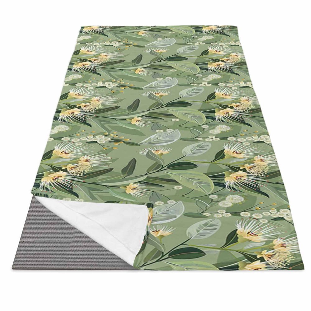 Yoga Mat Towel, Summer Floral Green Botanical Non Slip Hot Yoga Mat Towels with Corner Pockets, Plant Branch Leaves Soft Sweat Absorbent Yoga Blankets for Hot Yoga Pilates Workout,26"x70"
