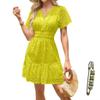 Yazinie Sun Dresses for Women 2024 Short Summer Dress V Neck Hollow Out Ruffled Mini Beach Dress Casual Dresses for Women Yellow view 1