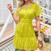 Yazinie Sun Dresses for Women 2024 Short Summer Dress V Neck Hollow Out Ruffled Mini Beach Dress Casual Dresses for Women Yellow view 4