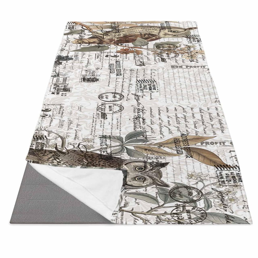 Yoga Mat Towel, Cute Owl on Tree Branches Non Slip Hot Yoga Mat Towels with Corner Pockets, Funny Animal Retro Postmark Soft Sweat Absorbent Yoga Blankets for Hot Yoga Pilates Workout,26"x74"