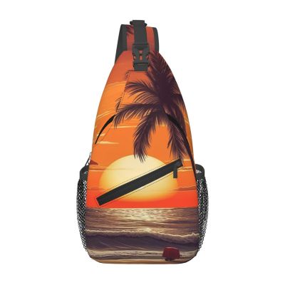 Dwrepo Sling Bag for Women Men Crossbody Bag Sunset Beach Palm Tree Chest Bag Hiking Daypack Fanny Pack Sling Backpack, Black