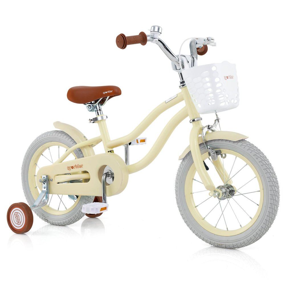 BABY JOY Kids Bike, 12 14 16 18 Inch Boys Girls Bike for 3-8 Years Old w/Training Wheels, Adjustable Seat, Removable Basket, Handbrake & Coaster Brake, Kids Bicycle-Multicolor (14 Inch, Yellow)