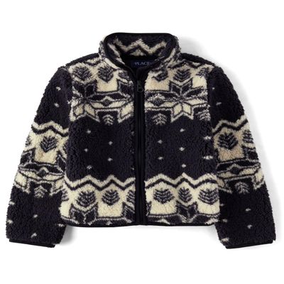 The Children's Place,Girls,Cozy Sherpa Full-Zip Jacket,Black Fairisle,Small