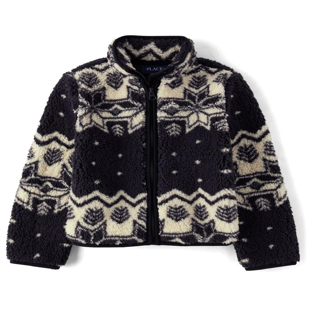 The Children's Place,Girls,Cozy Sherpa Full-Zip Jacket,Black Fairisle,Small