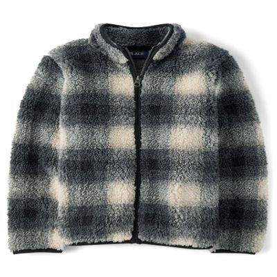 The Children's Place,Boys,Cozy Sherpa Zip Up Jacket,Black Check,XX-Large
