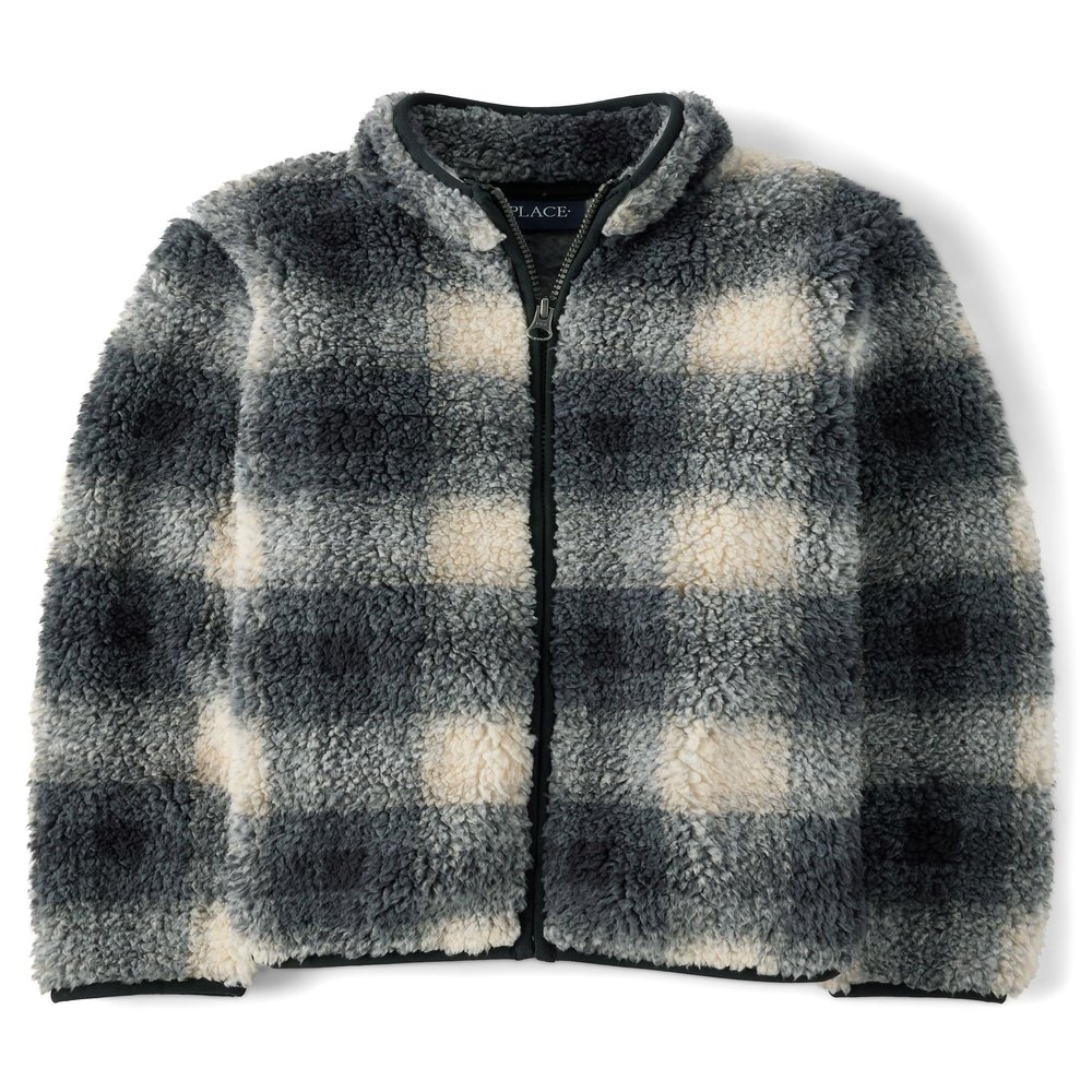 The Children's Place,Boys,Cozy Sherpa Zip Up Jacket,Black Check,XX-Large