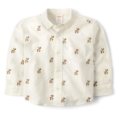 Gymboree,and Toddler Long Sleeve Button Up Shirts,Soft White Reindeer,2T