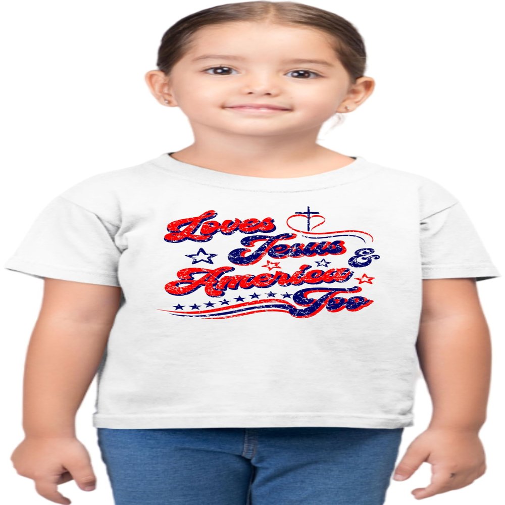5T White Toddler Distressed Loves Jesus & America Too USA July 4th Toddler T-Shirt