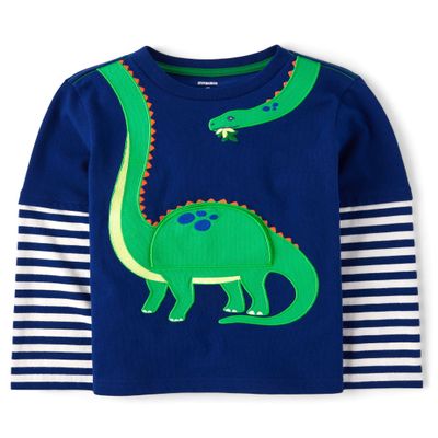Gymboree,and Toddler Embroidered Graphic Long Sleeve Layered T-Shirts,Blue Striped Dino,18-24 Months