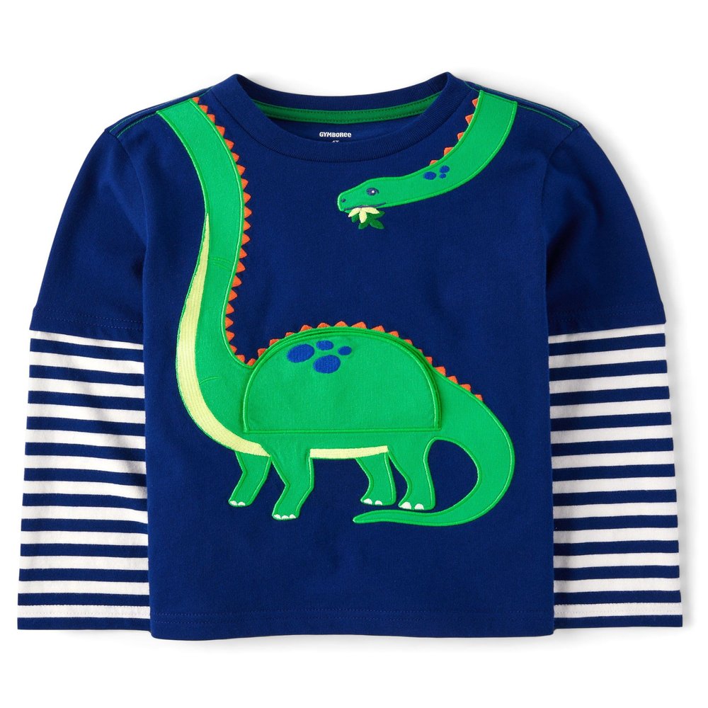 Gymboree,and Toddler Embroidered Graphic Long Sleeve Layered T-Shirts,Blue Striped Dino,18-24 Months