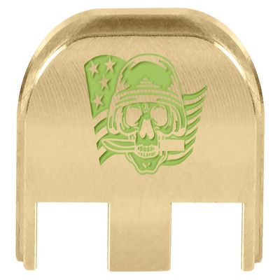 NDZ Performance Slide Back Plate for Glock Gen 5 Models 17 19 19X 22 23 26 27 34 45 47  9mm/.40  Laser Engraved Brass  Skull Helmet Knife Flag, Light Green Fill  Made in USA