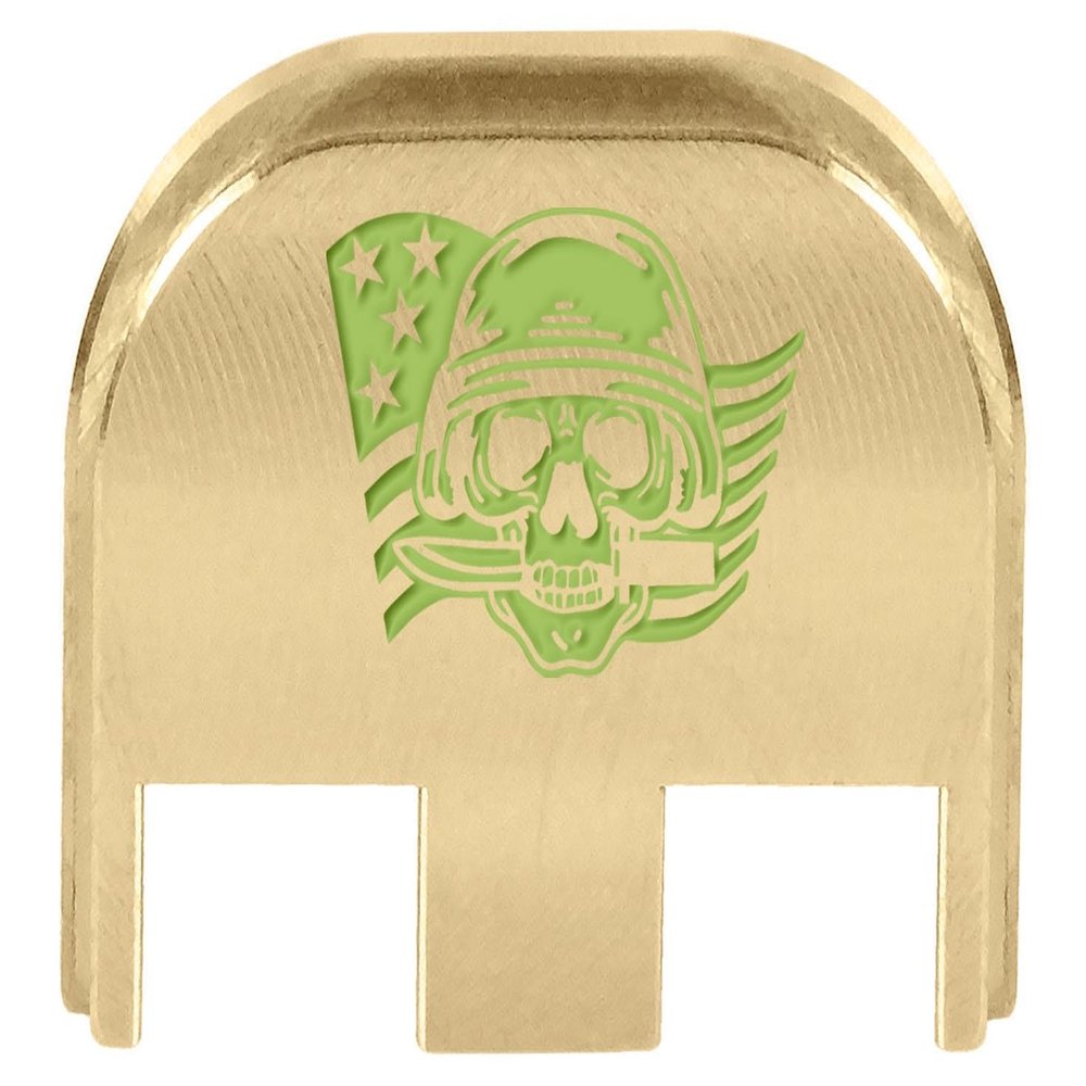 NDZ Performance Slide Back Plate for Glock Gen 5 Models 17 19 19X 22 23 26 27 34 45 47  9mm/.40  Laser Engraved Brass  Skull Helmet Knife Flag, Light Green Fill  Made in USA