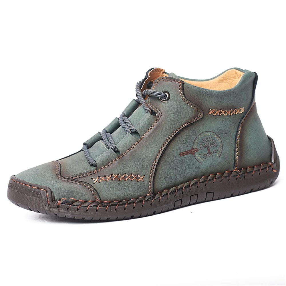didopery Mens Hand Stitching Leather Lace Up Ankle Boots Casual Vintage Non Slip Flats Arch Support Loafers for Hiking Walking Driving Chukka Boots (Green,13.5)