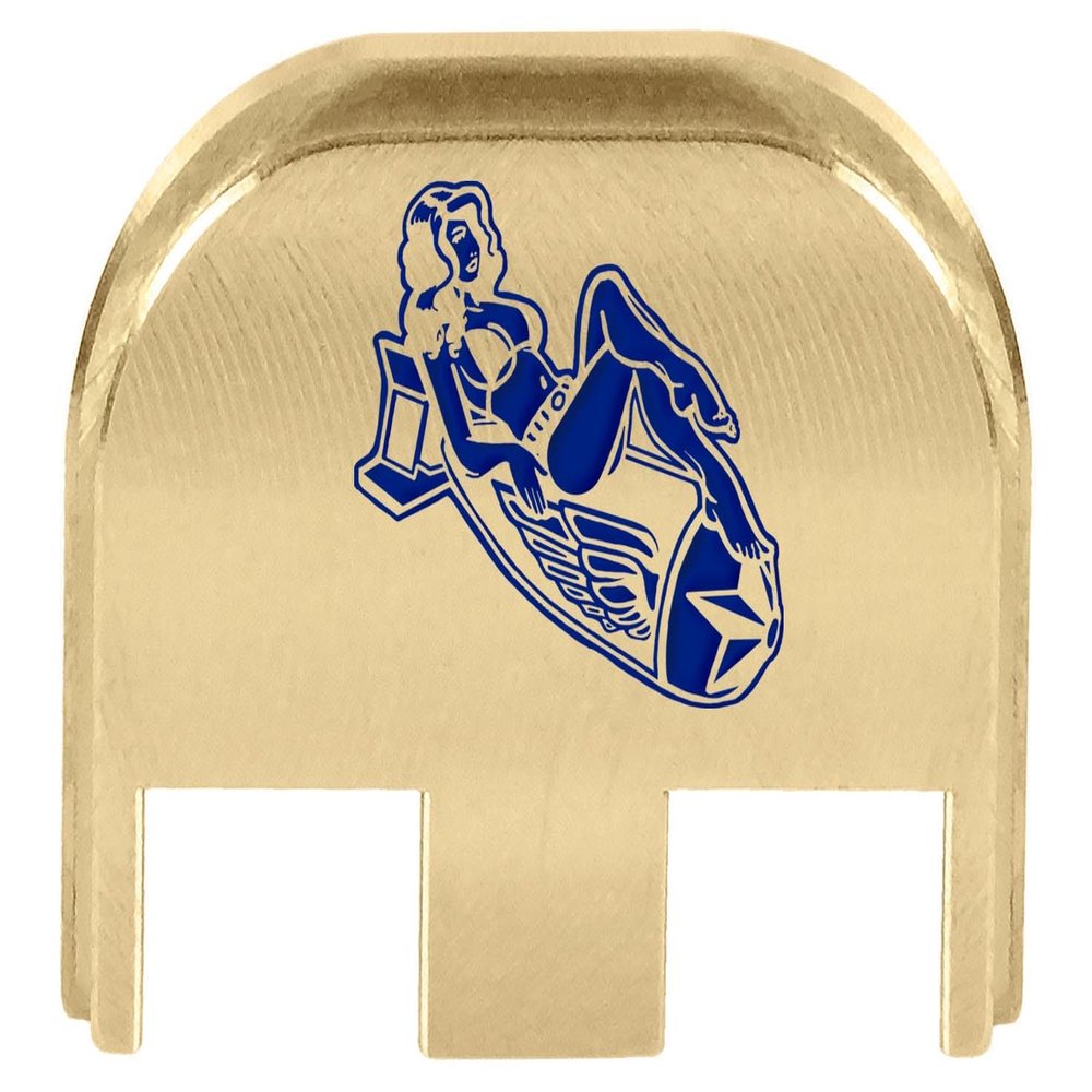 NDZ Performance Slide Back Plate for Glock Gen 5 Models 17 19 19X 22 23 26 27 34 45 47  9mm/.40  Laser Engraved Brass  Bomb Pinup Girl 1, Dark Blue Fill  Made in USA