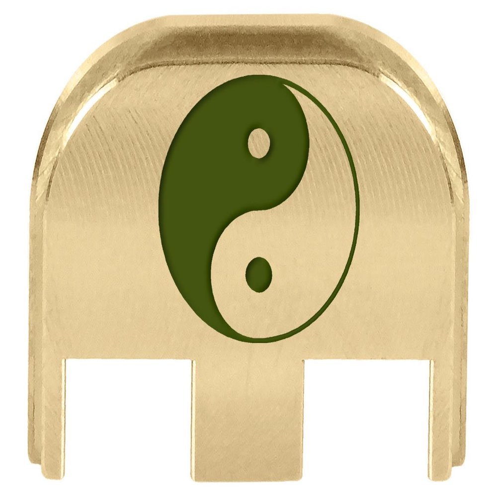 NDZ Performance Slide Back Plate for Glock Gen 5 Models 17 19 19X 22 23 26 27 34 45 47 9mm/.40 Laser Engraved Brass Yin Yang, Olive Drab Green Fill Made in USA