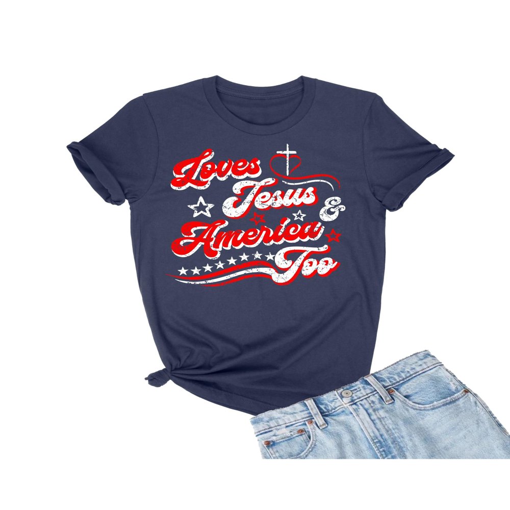 5X-Large Navy Blue Mens Distressed Loves Jesus & America Too USA July 4th T-Shirt
