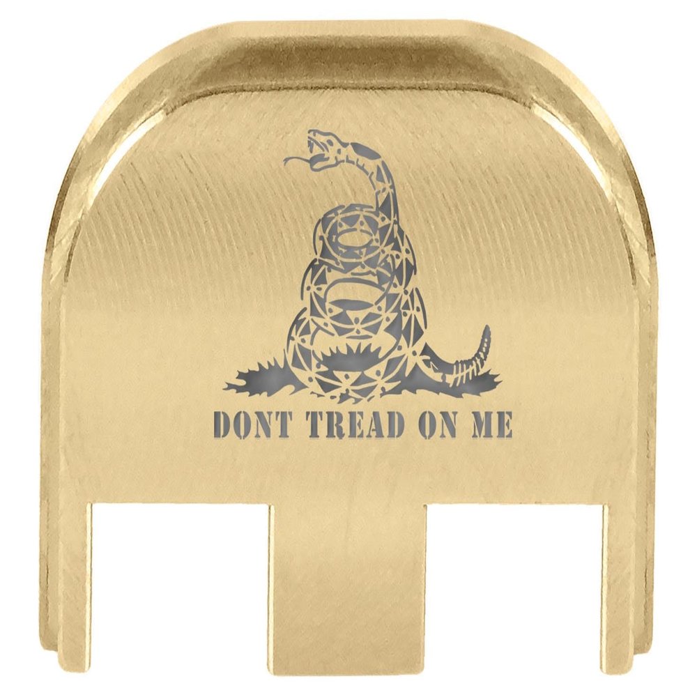 NDZ Performance Slide Back Plate for Glock Gen 5 Models 17 19 19X 22 23 26 27 34 45 47  9mm/.40  Laser Engraved Brass  Don't Tread On Me Snake, Silver Fill  Made in USA