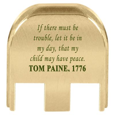 NDZ Performance Slide Back Plate for Glock Gen 5 Models 17 19 19X 22 23 26 27 34 45 47  9mm/.40  Laser Engraved Brass  Thomas Paine, Olive Drab Green Fill  Made in USA