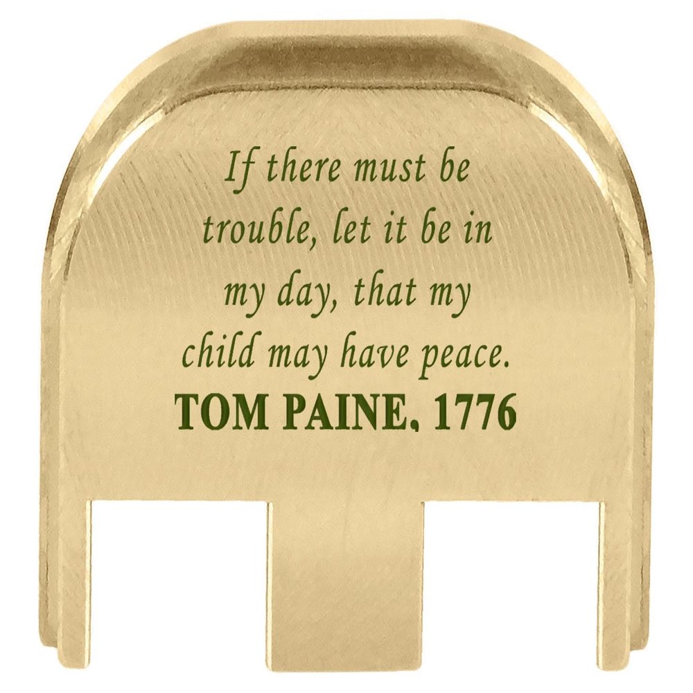 NDZ Performance Slide Back Plate for Glock Gen 5 Models 17 19 19X 22 23 26 27 34 45 47  9mm/.40  Laser Engraved Brass  Thomas Paine, Olive Drab Green Fill  Made in USA