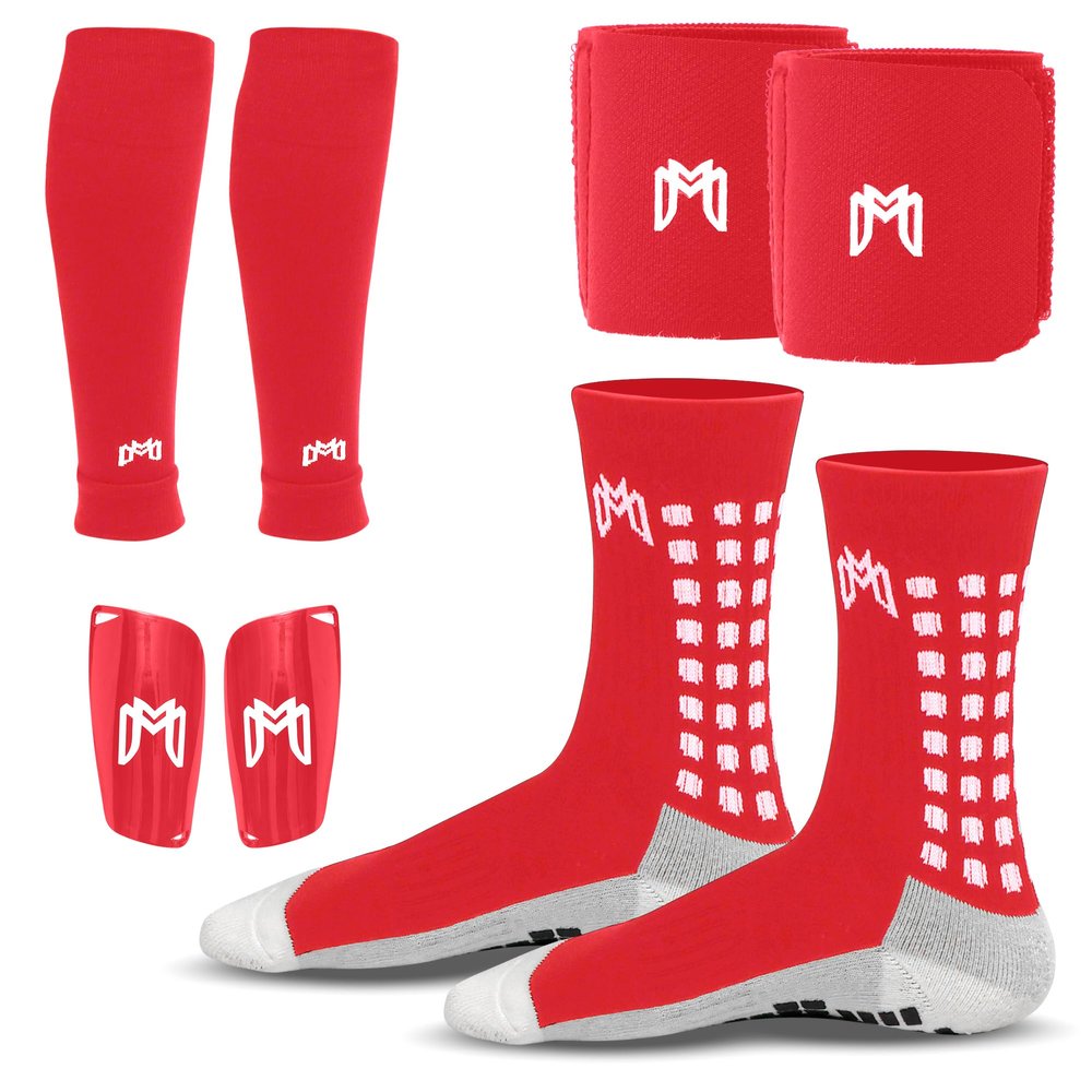 MediCaptain Soccer Grip Socks, Shin Guards, Pre Cut Sock Sleeves, and Guard Straps Bundle Pack - Essential Equipment for Soccer Players - for Mens, Women, Youth, Size 7 to 12 US Men Shoe Size (Red)