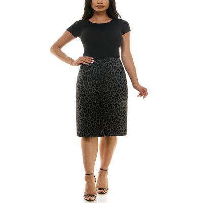 Zac & Rachel Women's Pull On Compression Ponte Skirt with Pintucking and Front Seam, Grey/Black Leopard, XXL