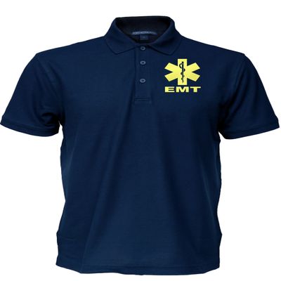EMT Polo in Navy with Yellow/Reflective Logos on Left Chest and Back, Easy Care Polo in Pique Fabric.